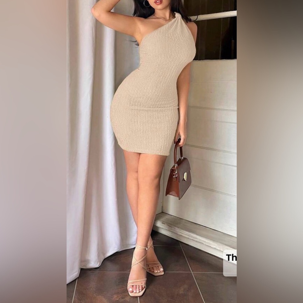 Beige One-Shoulder Dress